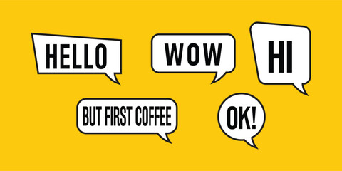 Collection of black and white speech bubbles with bold text on a bright yellow background