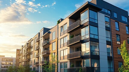 Modern apartment buildings with balconies against a blue sky with white clouds.