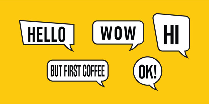 Collection of black and white speech bubbles with bold text on a bright yellow background