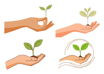Human hand holding a young seedling in warm earthy palette, flat vector illustration of eco responsibility on white