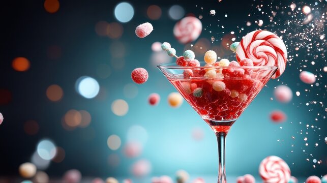 A dynamic scene capturing a vibrant cocktail adorned with colorful candies and sweets, creating a playful atmosphere full of fun and celebration.