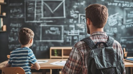 A man and a boy standing in front of a blackboard in a classroom.