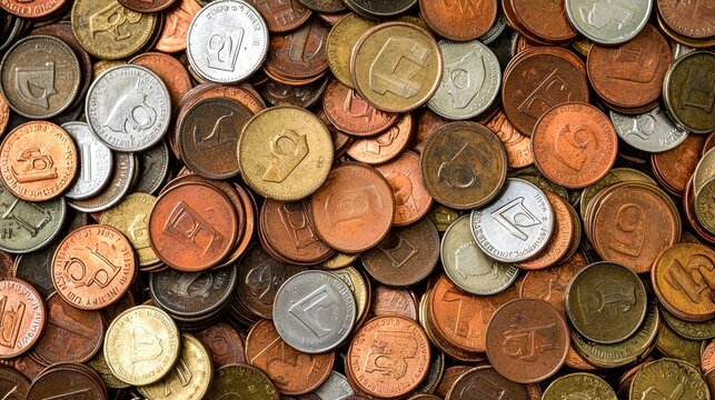 A collection of various coins, including some with symbols and designs, arranged in a pile.