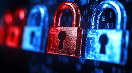A red and blue lock with a keyhole in the center, set against a digital background with numbers and symbols.