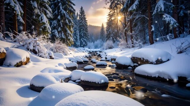 Magical Winter Wonderland: Snow-Covered River Flowing Through a Pine Forest at Sunrise