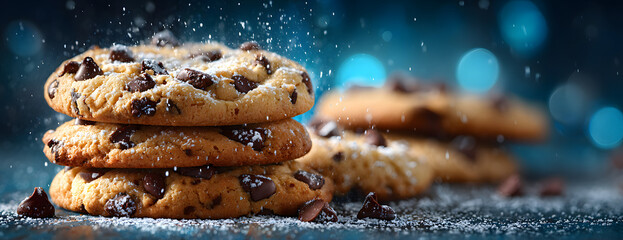 National Cookie Day poster with yummy freshly chocolate chip cookies on table background. Powdered sugar on the kitchen surface.