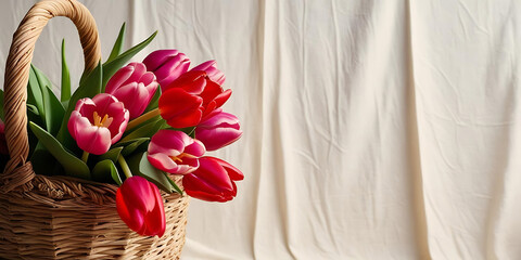 Pink and red tulips displayed in natural woven container

