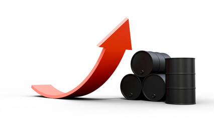 Oil prices concept on isolated background. Oil barrels with arrow graph grow stock market petroleum industry energy economy. Trading fuel resource of world, business finance investment concept.