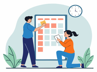 Two people planning schedule using digital calendar tablet in modern flat vector illustration