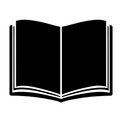 Open Book Icon in Black and White, A simple black and white silhouette of an open book, ideal for education, reading, and learning-themed designs.
