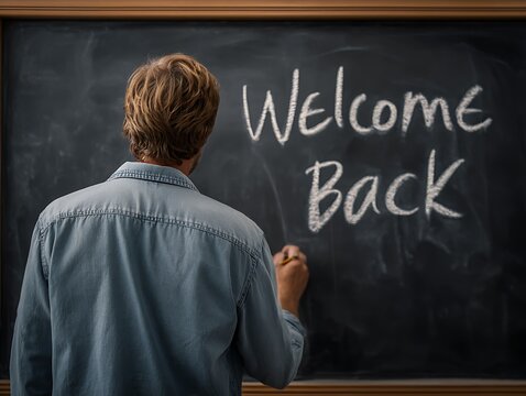 text welcome back to school written on a chalkboard art banner education elements in pattern background vector illustration thypography teacher