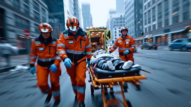 Rescue Team in Action: A team of dedicated paramedics swiftly carries a patient on a stretcher through a bustling city street, embodying the essence of emergency medical response and care.