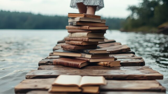 A serene image of stacked books on a wooden dock leading into a calm lake, conveying the beauty of nature intertwined with literary exploration and imagination.