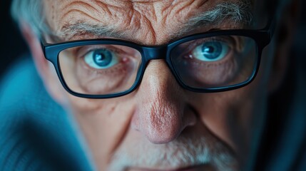 An elderly man with glasses gazes intensely, revealing wrinkles that tell stories of wisdom and experience, capturing the essence of age, reflection, and deep emotion.