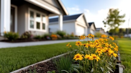 A colorful view of a well-maintained garden featuring bright yellow flowers in full bloom, enhancing the aesthetic appeal of a beautiful suburban home during sunset.