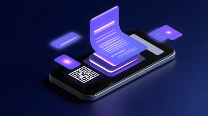 Futuristic mobile device with glowing virtual interface and QR code.