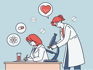 Flat laboratory illustration of two scientists conducting experiments with microscope and floating medical icons