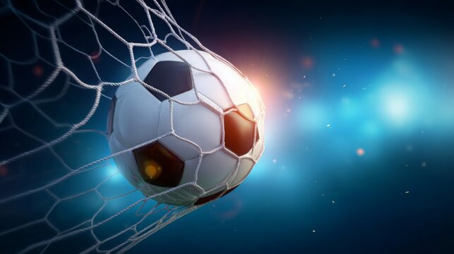 Fototapeta Dynamic 3D soccer ball hitting goal net with bending mesh and glowing lights in background, capturing fast action and dramatic moment of scoring in vivid blue sports-themed atmosphere