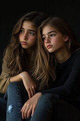 Two young females looking sideways, close-up shot, with natural lighting and a neutral background.