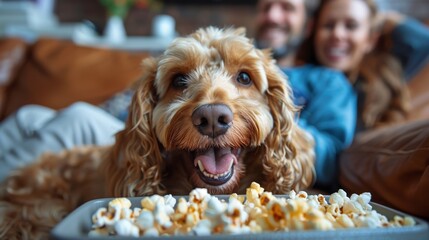 A joyful dog smiles in front of a couple enjoying popcorn together, capturing the essence of companionship and happiness shared between pets and their humans in a cozy home.