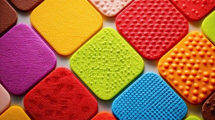 Close-up of colored rubber textures with intricate patterns, showcasing unique surface details such as graininess and raised lines. Emphasize the material beauty of product design.