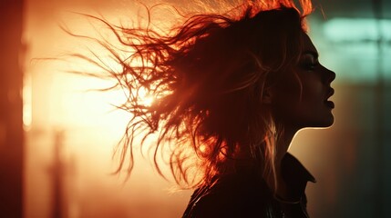 A mesmerizing silhouette of a woman with flowing hair against a vibrant background of warm light, capturing a moment of beauty and movement in a visually striking manner.