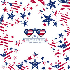 Abstract 3d usa star frame, heart shape glasses with american flag, independence day text vector illustration. Usa freedom flag glasses to use for 4th july independence day, memorial day projects. 