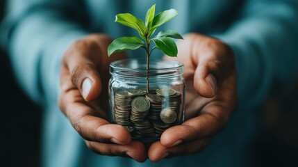 A pair of hands gently holds a glass jar filled with coins and a vibrant green plant sprouting upward, signifying prosperity, growth, and sustainability in a nurturing environment.