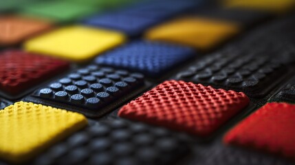 Close-up of colored rubber textures with intricate patterns, showcasing unique surface details such as graininess and raised lines. Emphasize the material beauty of product design.