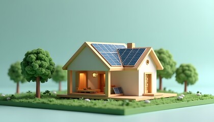 Modellhaus mit Solarpanelen in stilisierter Umgebung  

