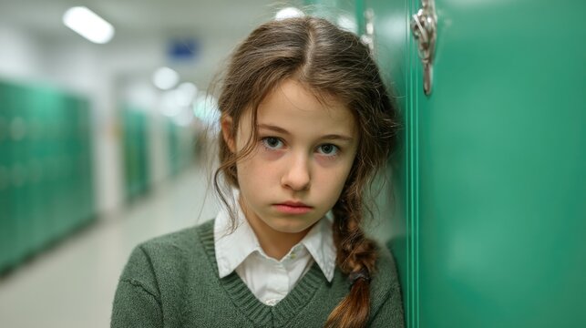 Sad Schoolgirl Leaning Against Locker in Hallway
