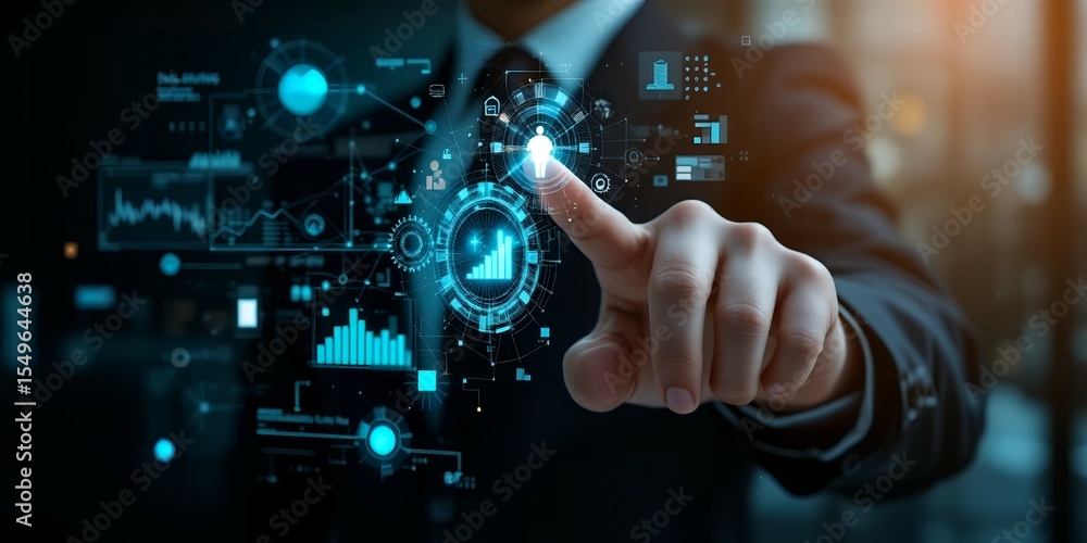 Aufkleber a man in a suit interacting with a futuristic holographic interface with data charts