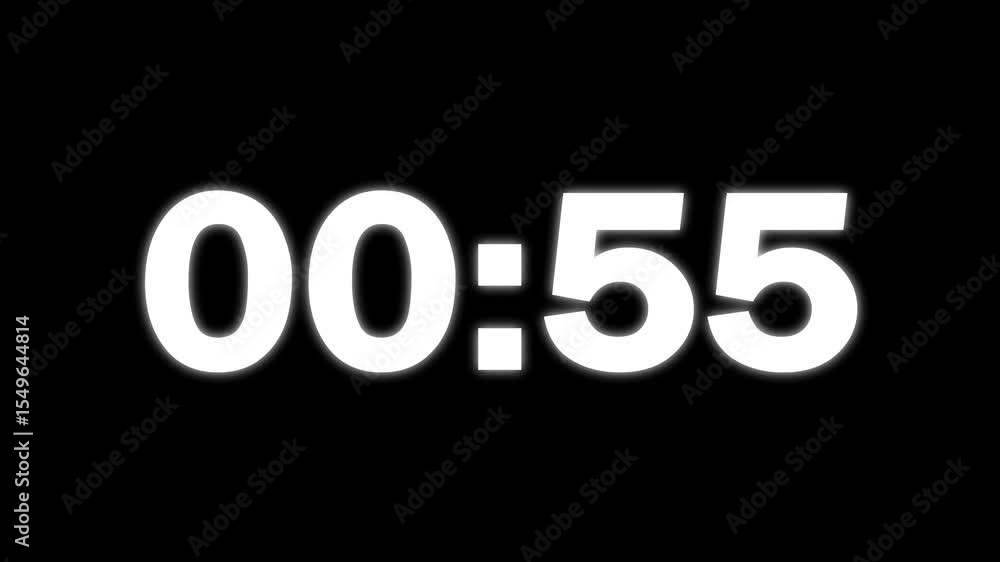 Poster countdown timer clock number 1 minute from 0 second black background.