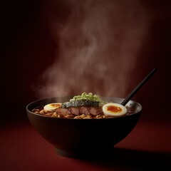 A bowl of steaming ramen with rich broth, soft-boiled egg, nori, and chashu pork, garnished with green onions