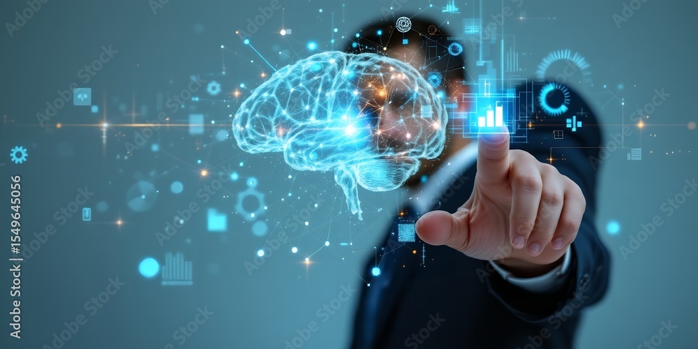 Poster man interacting with a holographic brain and digital interface in a futuristic scene