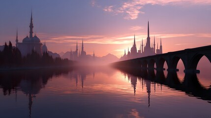Naklejka premium Fantastical cityscape with dreamy architecture and bridge reflections at golden hour