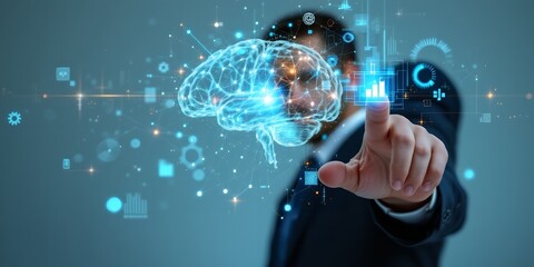 Man interacting with a holographic brain and digital interface in a futuristic scene