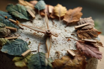 An artistic clock face crafted from autumn leaves