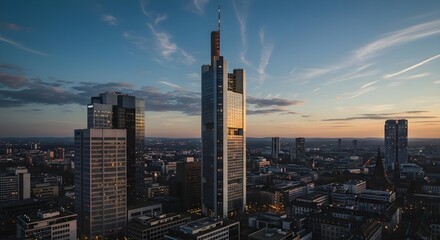Obraz premium Frankfurt, Germany, Skyline, Frankfurt Skyline at Sunset with Commerzbank Tower