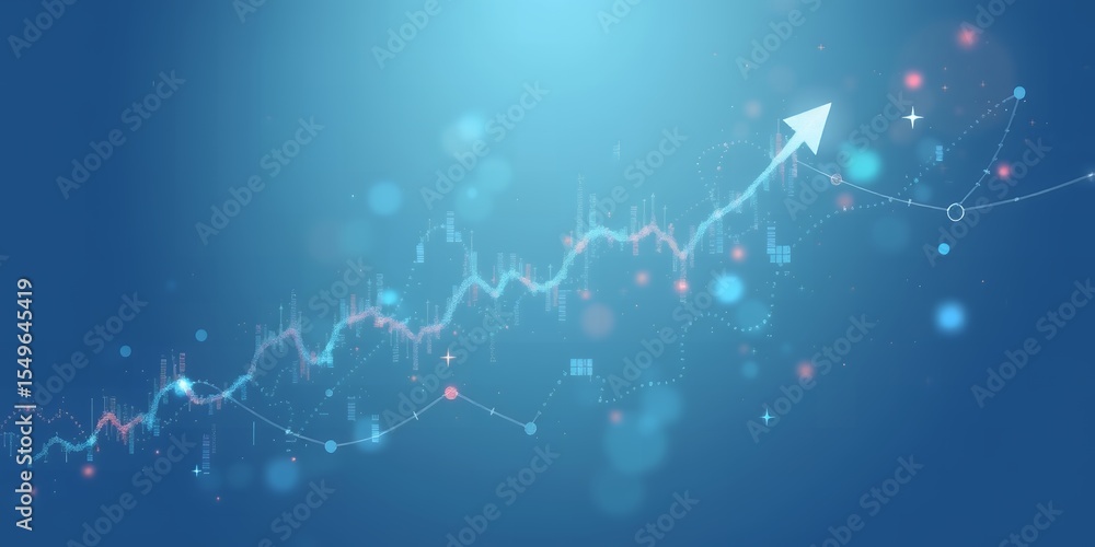 Poster abstract blue background with upward trending line graph and arrow pointing upward