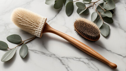 Body brush and dry brushing set on marble with eucalyptus