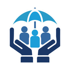 Blue Gradient Umbrella Protecting Three People Icon Group Insurance Safety Teamwork Concept