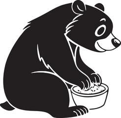 Vector bear cartoon silhouette eating from a bowl. The illustration captures a calm and cozy moment, perfect for children's content or cute food-themed graphics.