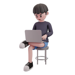Male Sitting and Working On Laptop 3D Illustration