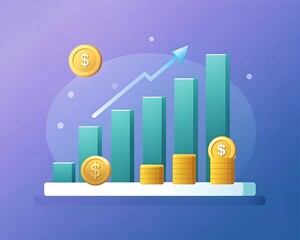 Flat vector illustration of a rising bar chart with stacked coins and currency symbols – perfect for finance, investment growth, economic analysis, revenue report, money management, and business profi
