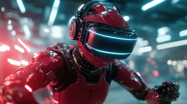 A sleek, red futuristic robot wearing a cutting-edge VR headset emerges in a high-tech environment, symbolizing advanced technology and innovation in the digital age.