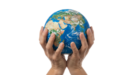 Globe held by trembling hands against a stark white background highlighting global connection