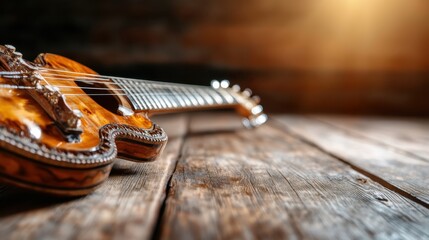 An exquisite wooden guitar lies elegantly on a rustic wooden surface, showcasing craftsmanship and artistry in musical instrument design and evoking a sense of serenity and creativity.