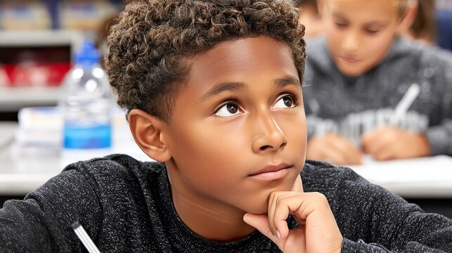 Thoughtful schoolboy with curly hair in classroom, deep in concentration
