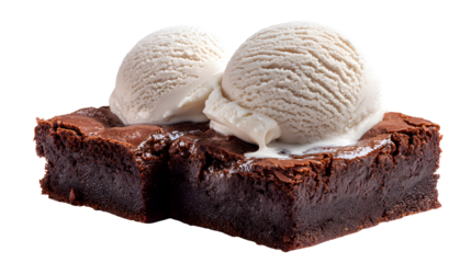 A chocolate brownie with two scoops of ice cream